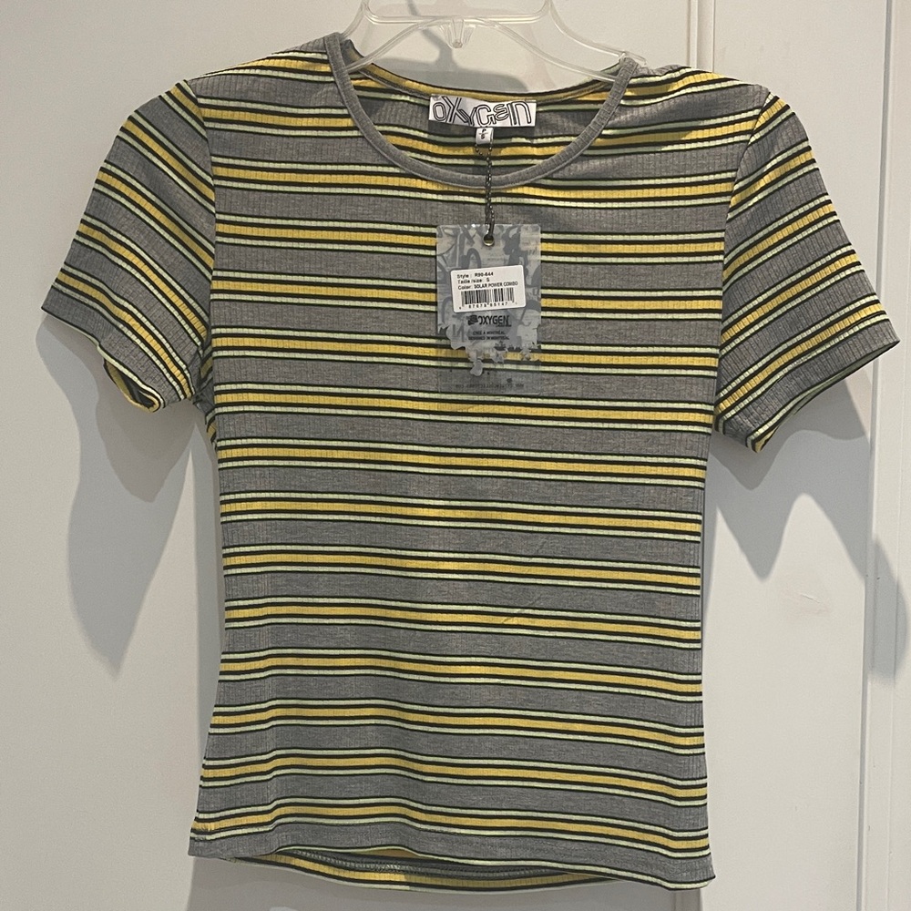 Y2K Oxygen Women's Striped Gray and Yellow Top Multocolor Tshirt Ribbed